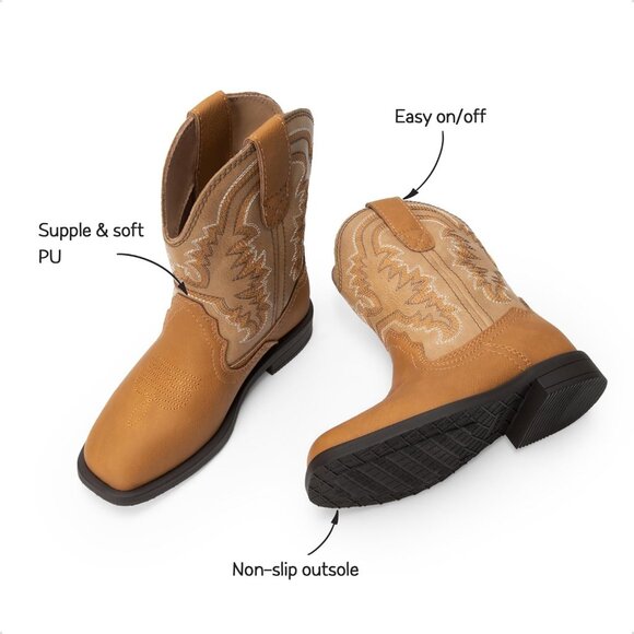 Boys Girls Cowboy Boots Toddler Kids Western Square Toe Mid Calf Brown Boots - Picture 4 of 6